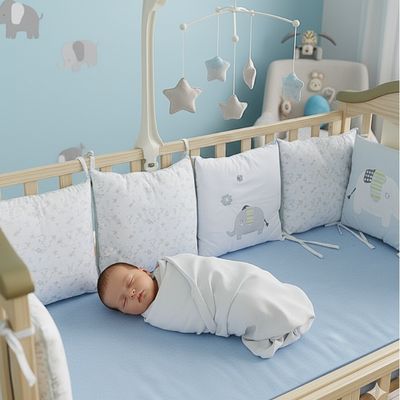 tour de lit pour bebe coussins bleu clair elephant