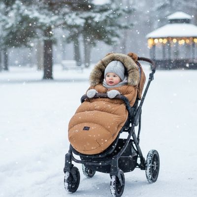 Bébé souriant dans sa chancelière poussette PolarNest™ bien emmitouflé