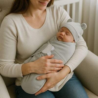Bebe endormi dans les bras avec couverture emmaillotage Calineo