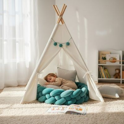 Enfant_dormant_dans_un_tipi_avec_tresse_de_lit_bleu_canard_Baby_Mum_entourant_l_espace