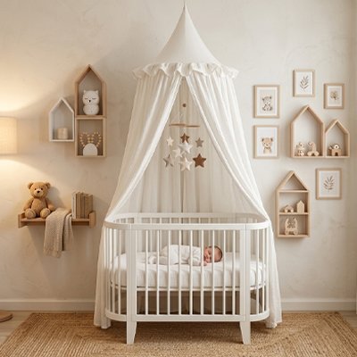 Ciel de lit blanc apaisant dans une chambre d'enfant