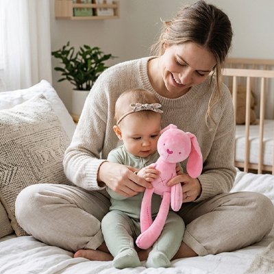 Doudou lapin rose pour endormissement autonome