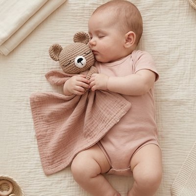 Doudou ours avec un bébé endormi